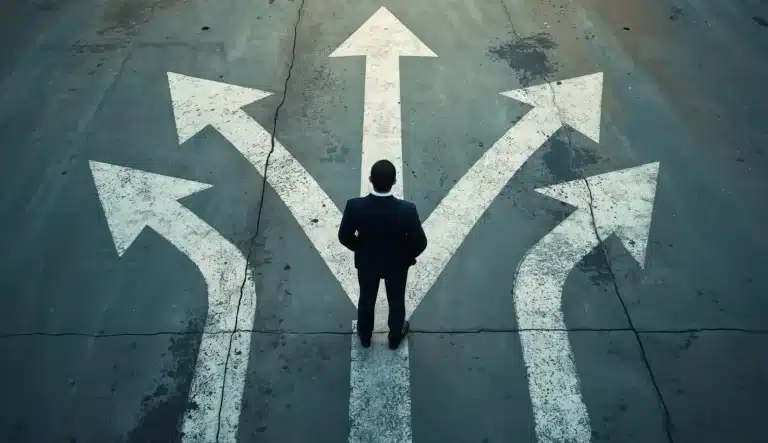 Man in suit stands at crossroads with arrows