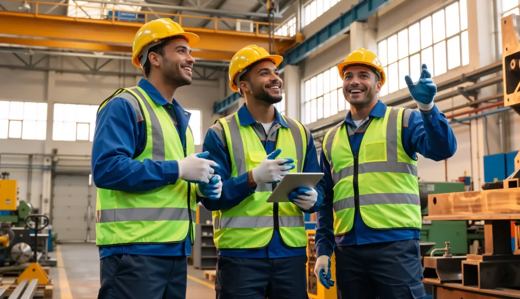 industrial workers discussing