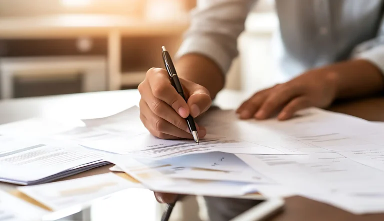 reviewing and signing paperwork with a pen